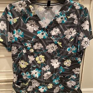 Elle Gray, Turquoise and White Floral Women's Scrub Top